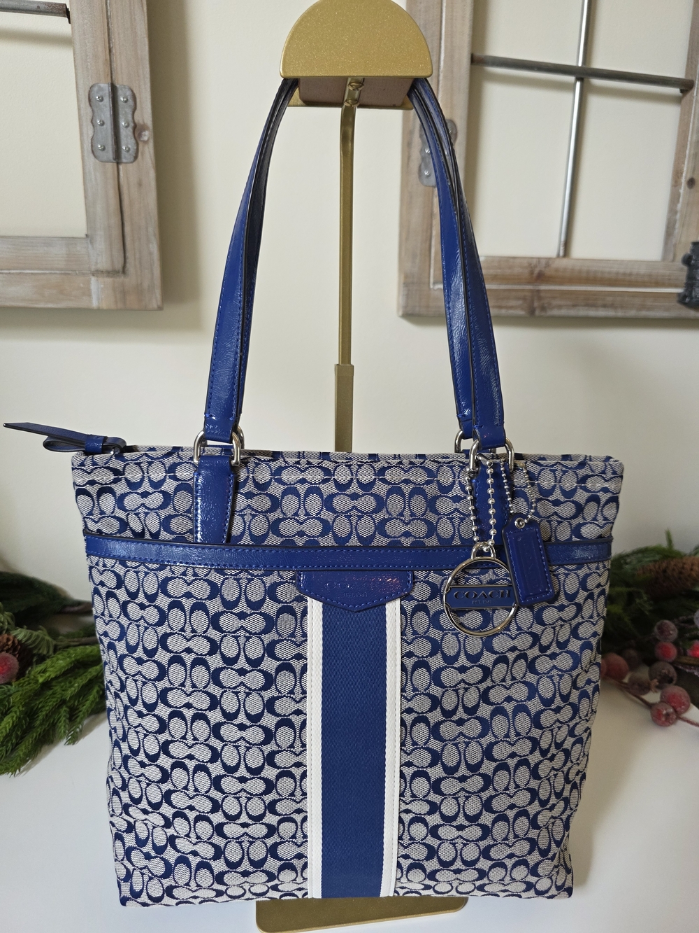 Coach Signature Stripe Tote Blue Jacquard Y2K Shoulder Bag - Picture 13 of 14